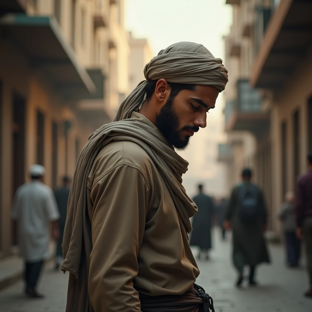 Create a realistic photo of Muslim young man walking and lowering his gaze