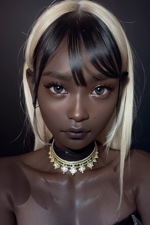 best quality, masterpiece, highres, (detailed:1.4), 1 girl, blonde hair, (dark skin:1.8), extremally thin eyebrows , thick bluish eyeshadow, thick black eyeliner, Highlighted eyes with eyeliner, false eyelashes