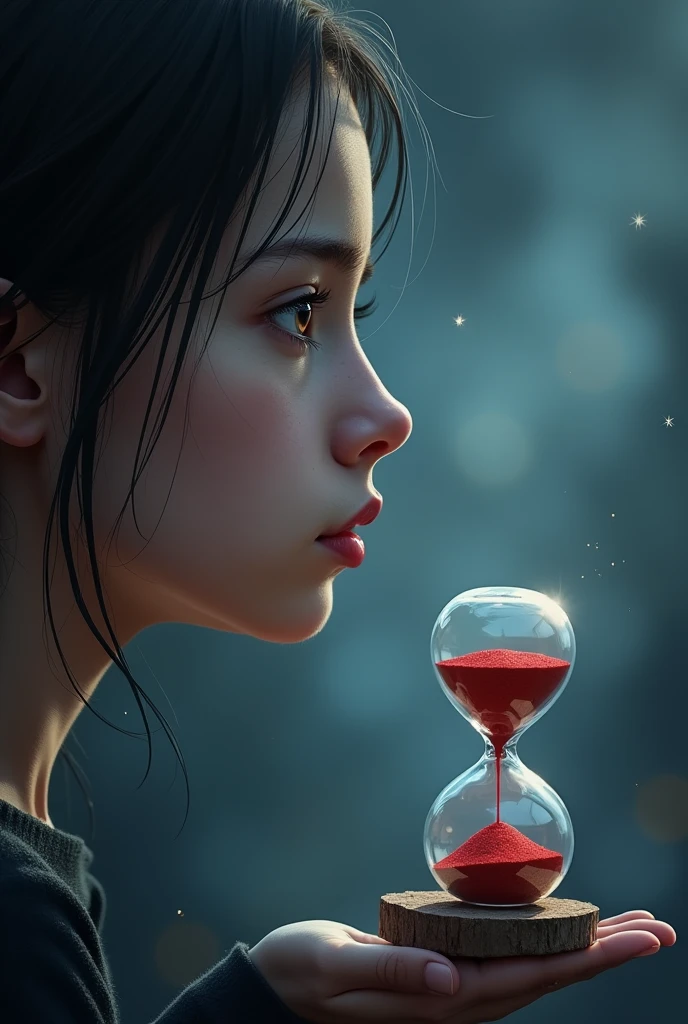 a person looking at the horizon with a sad expression, Watery eyes, Blurred background with blue and gray tones, Realistic style, "
"A heart divided into two halves, Each half on an opposite side of an unbalanced scale, Dark background with stars, Gothic style,"
"An hourglass with sand that drains quickly.