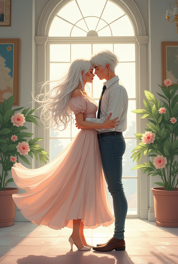 Caucasic couple, white hair woman, half white hair man, fluid illustration style, date, full body, school.
