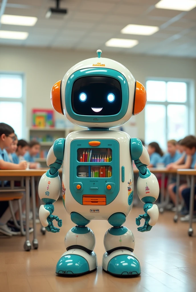 A cute robot that organizes and distributes art supplies for students in a classroom with all the basic robotic parts. Make it look like a school supplies vending machine.