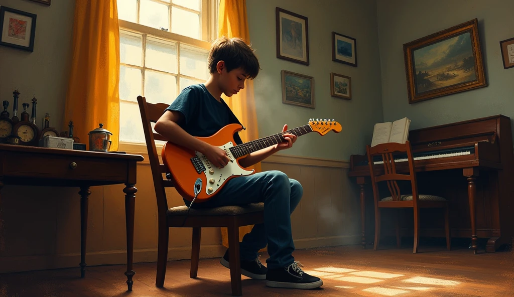 An oil painting style illustration of a high school boy sitting on a wooden chair in a slightly dimly lit clubroom and playing a Stratocaster
