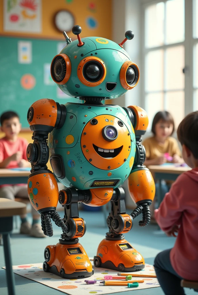 A cute robot that organizes and distributes art supplies for students in a classroom with all the basic robotic parts. Make it look like a school supplies vending machine.