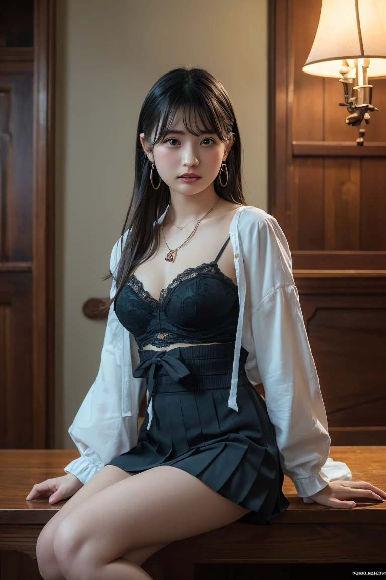(Highest quality:1.4),(masterpiece:1.4),(Realistic:1.4),(Realistic:1.2),(超High resolution, RAW Photos:1.4),(High resolution, Ultra-detailed:1.2),(8k:1.2),View your viewers,Cinematic photography,One girl,skeletally correct,Black-haired woman,Woman in her early 20s,(Small earrings,necklace,Ribbon bustier,Pleated mini skirt),(Western-style building interior,Dimly lit room,The lamplight shines on my cheeks)