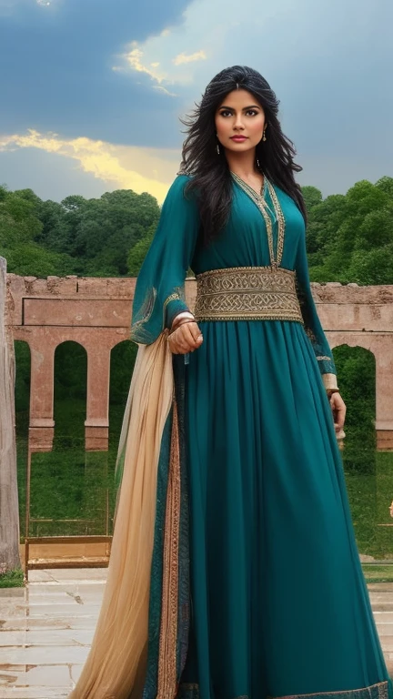 Visualize Razia Sultana, a determined and fierce woman, standing at the gates of a grand fortress. A stormy sky above her mirrors the turmoil in her life as she faces challenges and obstacles on her path to rule the Islamic empire in India. Lightning flashes, emphasizing the turbulent nature of her ascent.