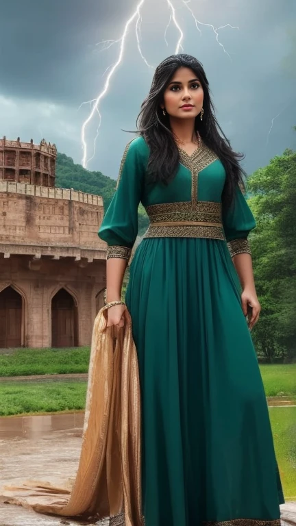 Visualize Razia Sultana, a determined and fierce woman, standing at the gates of a grand fortress. A stormy sky above her mirrors the turmoil in her life as she faces challenges and obstacles on her path to rule the Islamic empire in India. Lightning flashes, emphasizing the turbulent nature of her ascent.