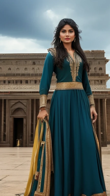 Visualize Razia Sultana, a determined and fierce woman, standing at the gates of a grand fortress. A stormy sky above her mirrors the turmoil in her life as she faces challenges and obstacles on her path to rule the Islamic empire in India. Lightning flashes, emphasizing the turbulent nature of her ascent.