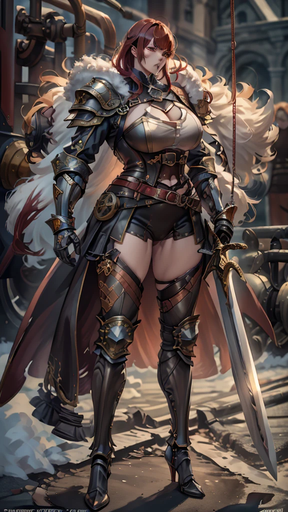 (masterpiece, 4K ,Super detailed:1.2), (anime:1), (Perfect quality), (((Adult body))), ((Swinging a big sword, Combat Ready)), The whole body is shown, Looking at the viewer, Big body, Gladiator、Black Armor, Heavy equipment, A look of contempt, Red hair, brutal, violent