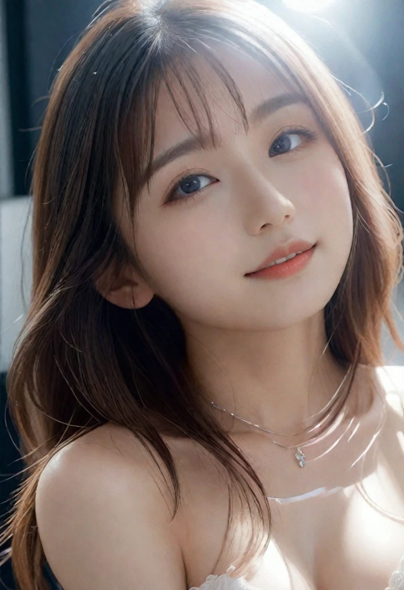 masterpiece, Highest quality,One girl,Realistic,8K RAW Photos, (Highest quality: 1.2, Very detailed, Attention to detail, up to date, Vibrant, High Contrast, masterpiece: 1.2, Highest quality, Best aesthetics, Perfect lighting, ), Anatomically correct, Perfect hands, (White bra, White panties, Knee-high stockings:1.3), Long Hair, Straight hair, blonde, Pink gradient hair, Silver earrings, Black choker, Sit on the bed, Put your arms behind your head, Raise the hand, (Underarm:1.2), Fascinating, Charm, Red eyes, Sparkling eyes, Watery eyes, (Beautiful, detailed eyes: 1.3), Very adorable face, smile, Sensual look, Slender body, Fluffy breasts, sweating, Sweaty skin, Glowing Skin, Midnight, Hotel, Cowboy Shot, Lens flare, Shallow depth of field,