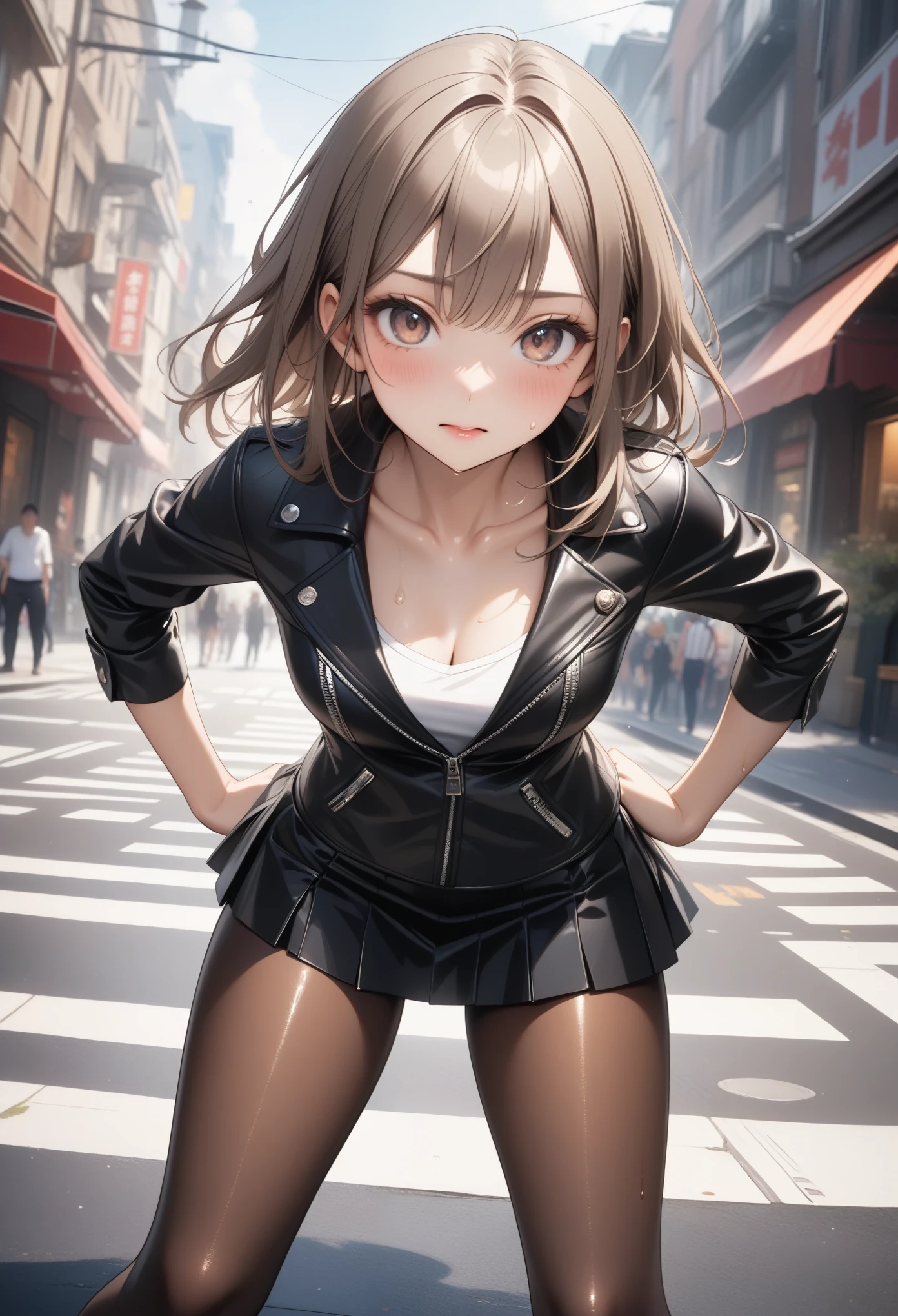 ((masterpiece)), ((best quality)), (ultra-detailed), ((extremely detailed)), 4K, (8K), best quality, (beautiful), anime style, upper body, look up from below, full body focus, in the town, a cute girl, 1girl, solo, (panties shot), (Down jacket, turtleneck, Mini skirt), beautiful light brown hair, ((beautiful eyes)), medium hair, buttocks, ashamed, lens flare, shiny-glistening, gleaming,public,photographer,foreground,phone screen,camera