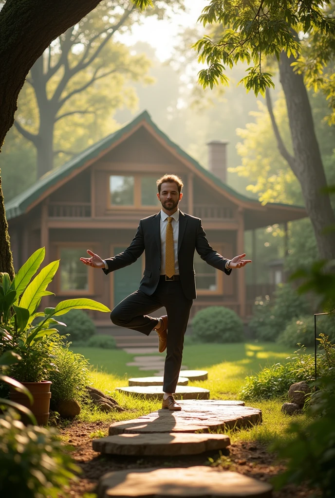 Create me a visual image wallpaper where I am also a male lawyer ,living a satvic lifestyle, eating stavic food, practicing yoga, in a eco friendly earthly house surrounded by trees and plants, in the morning sunshine