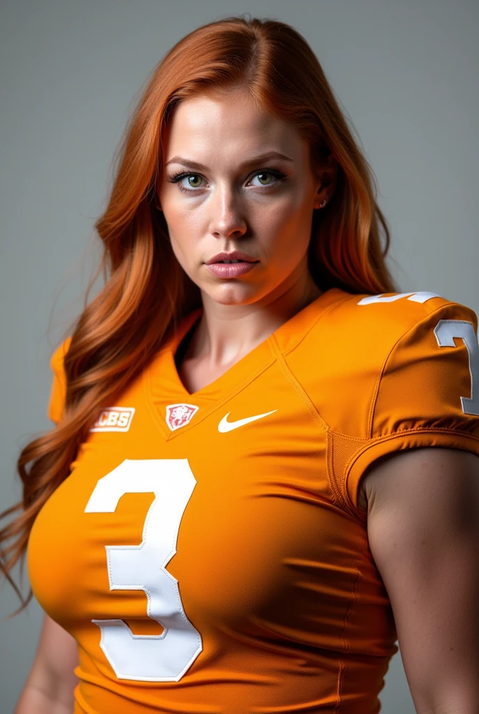 A photo of Annabelle Stewart, a kicker for the female Tennessee Volunteers football team. Number 3. Busty Redhead