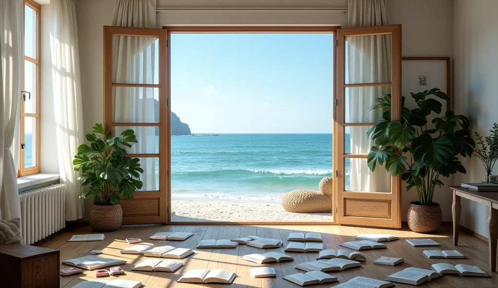 A seaside room with books scattered on the floor