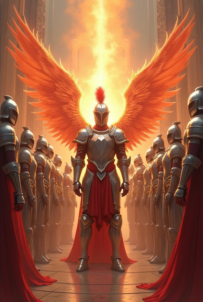 12 Angelic knights with silver-colored knight armor and one of them with red General feathers with aura of fire of power and (Diamond Wings lit on fire)