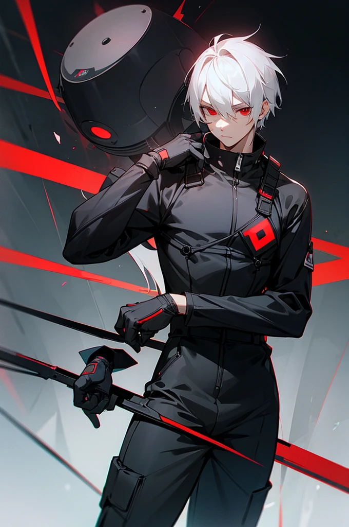 male, young adult, White Hair, Red eyes, Black and gray jumpsuit, SOS Logo, Night vision goggles