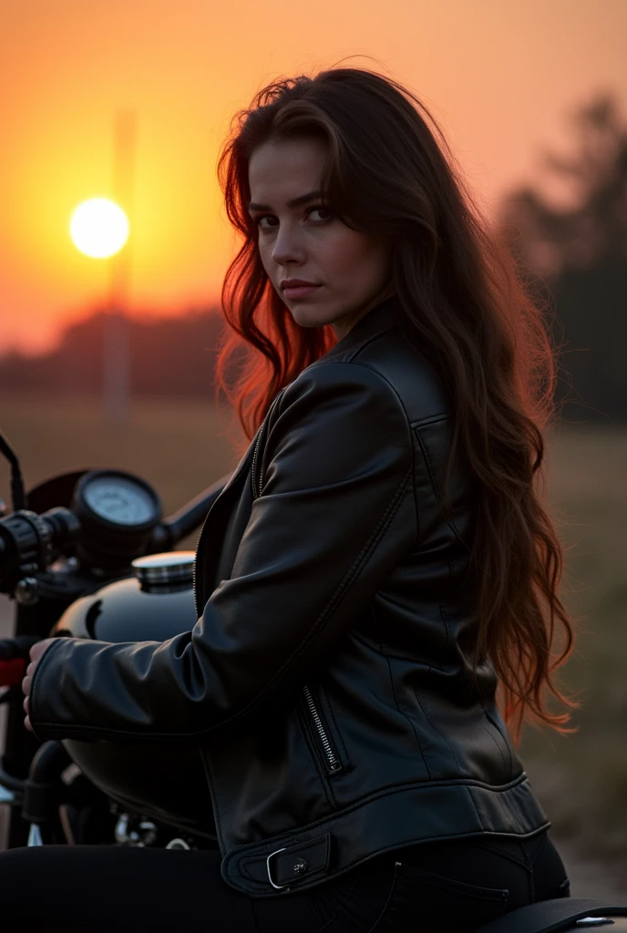 Attractive woman, Black Leather Jacket, sitting on a motorcycle, Dark Angel, sunset,