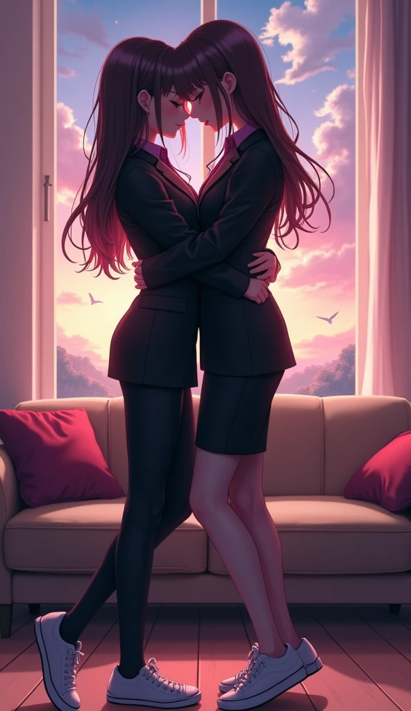 Two girls, yuri
(The first girl wear a black suit, pink shirt, black pencil skirt, black underpants, black tights, white socks, white sneakers)
(The second girl wore a black suit, grey shirt, black pencil skirt, black underpants, black tights, white socks, white sneakers)
Hugging, sensual body, her hand going under her black skirt, living room, fantastic sky, novel cartoon, 4K, HD