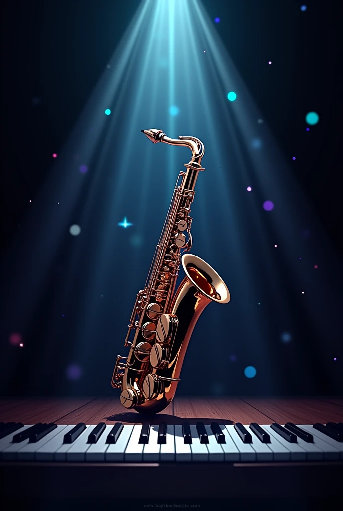 Logo with the name of project 4 in the background some piano keys and a saxophone ON a stage with lighting 