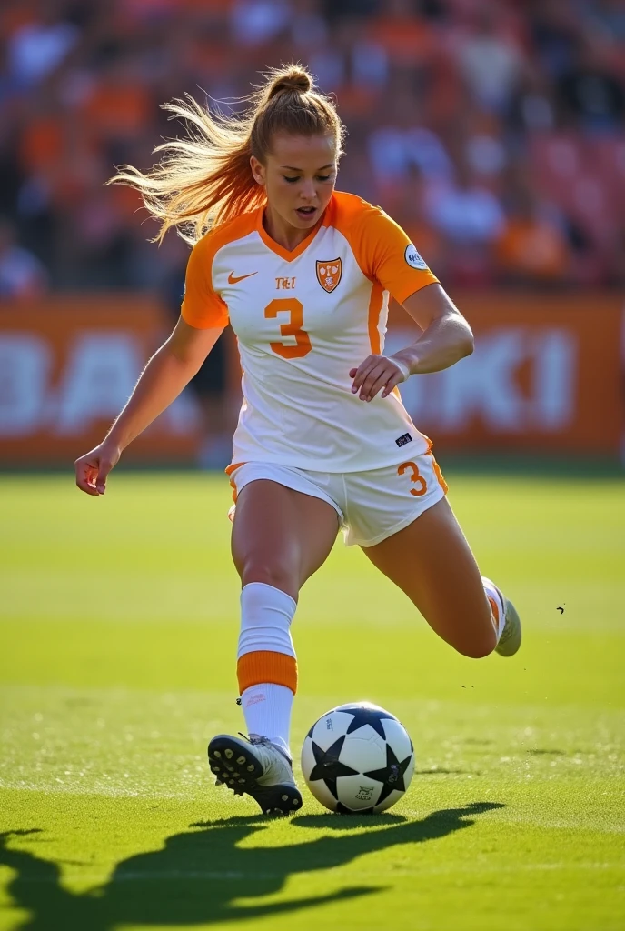 A photo of Annabelle Stewart, a kicker for the female Tennessee Volunteers football team. Number 3. Busty Redhead. Kicking the ball