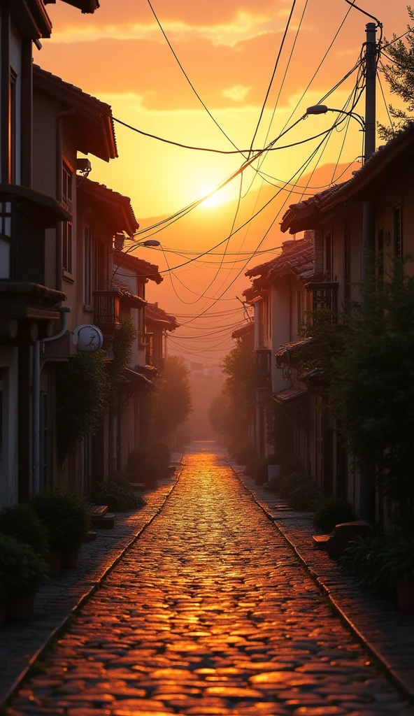 A shot of the town during the golden hour, with soft, warm light bathing the buildings and streets, creating a nostalgic and slightly mysterious atmosphere.8k,vibrant,realistic