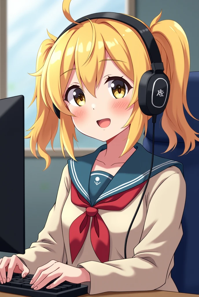 Anime style Kasukabe Tsumugi has a gamer headset and smiling. She is the girl with yellow hair. But with hair a little longer like the original anime character. A little further away from the camera and a background more than a quarter. With student clothes.