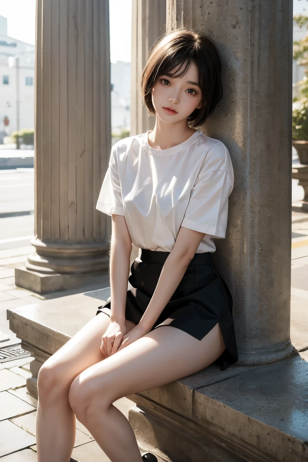 Cute girl is confined and tied up、White panties under a black mini tight skirt、Short sleeve shirt、Sit forward with your feet together、beauty、Age 18、Medium、Cute face、Innocent look、Realistic Face、Her hands are tied behind her back to a pillar with a red rope.、Short Hair、Shooting from below using a reflector