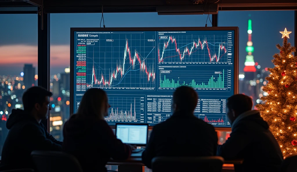 People analyzing the market, with graphs on a blackboard, more than 5 people, in an office with a view of Tokyo in December with Christmas lights and a tree