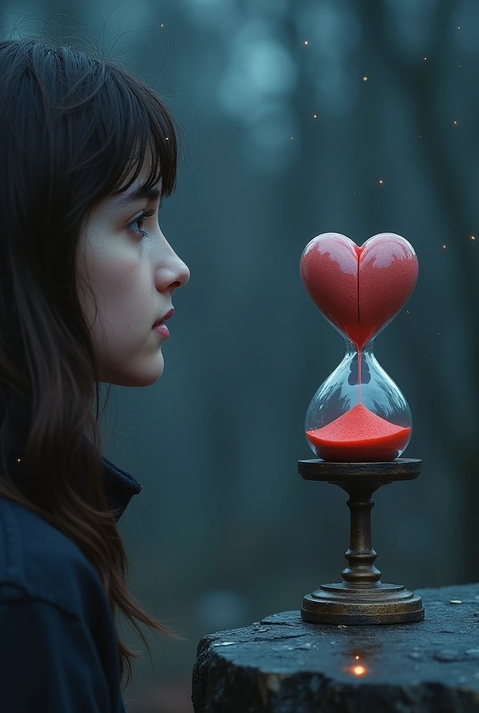 a person looking at the horizon with a sad expression, Watery eyes, Blurred background with blue and gray tones, Realistic style, "
"A heart divided into two halves, Each half on an opposite side of an unbalanced scale, Dark background with stars, Gothic style,"
"An hourglass with sand that drains quickly.