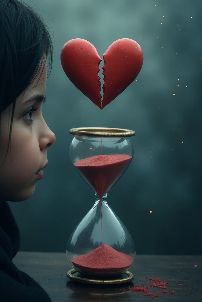 a person looking at the horizon with a sad expression, Watery eyes, Blurred background with blue and gray tones, Realistic style, "
"A heart divided into two halves, Each half on an opposite side of an unbalanced scale, Dark background with stars, Gothic style,"
"An hourglass with sand that drains quickly.