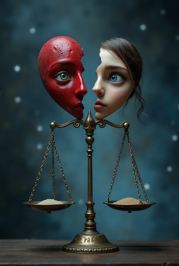 a person looking at the horizon with a sad expression, Watery eyes, Blurred background with blue and gray tones, Realistic style, "
 "A heart divided into two halves, Each half on an opposite side of an unbalanced scale, Dark background with stars, Gothic style,"
"An hourglass with sand that drains quickly.