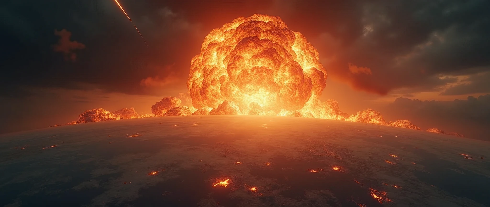 a huge explosion on the earth's surface from above, a comet streaking across the sky, massive explosion, apocalyptic, dark ominous clouds, dramatic lighting, cinematic composition, photorealistic, 8k, highly detailed, realistic, dramatic, intense, explosive, otherworldly, epic scale, awe-inspiring