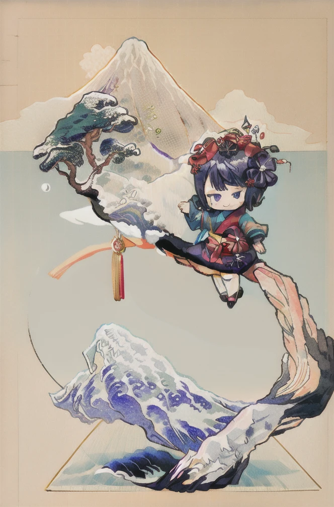 masterpiece, absurdres, uhd, 8k, 16k, best quality, whole body, 1girl, katsushika hokusai \(fate\), kimono, obi, hair flower, sandals, tabi, hair stick, fur collar, (perfect face), looking at viewer, open mouth, thin, thin legs, detailed sleeves, smile, scenery, ink, mountains, water, trees, (chibi style), chibi anime artstyle, ((super chibi)), (chibi)