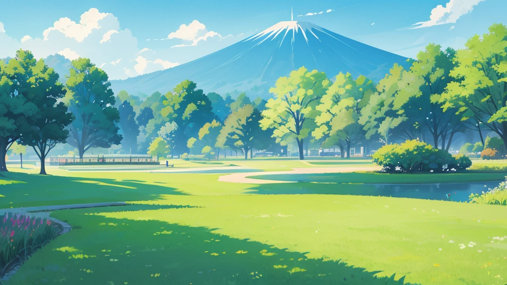 Sunny day weather in the park with beautiful blue sky and green grass. Japanese illustration style.