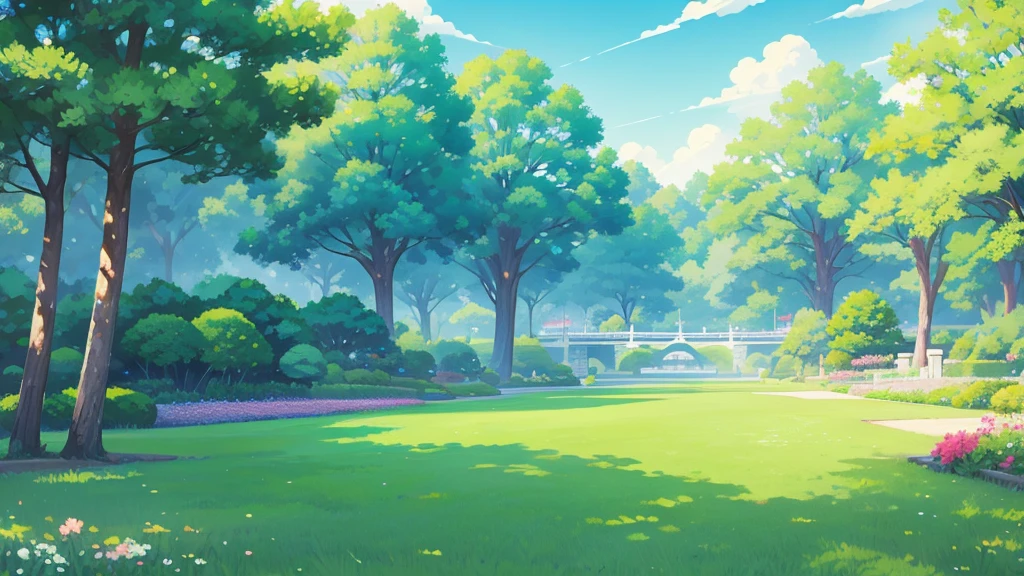 Sunny day weather in the park with beautiful blue sky and green grass. Japanese illustration style.