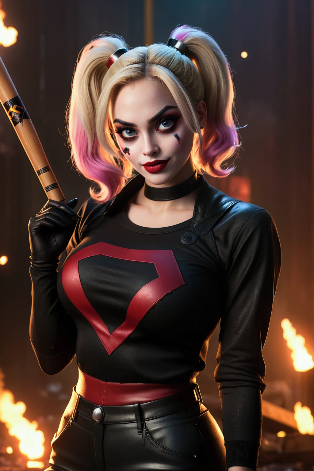 Harley Quinn, beautiful detailed eyes, beautiful detailed lips, extremely detailed face, long eyelashes, black outfit, ultra-sexy, holding baseball bat, explosion in the background, dark gritty atmosphere, cinematic lighting, chiaroscuro lighting, highly saturated colors, (best quality,4k,8k,highres,masterpiece:1.2),ultra-detailed,(realistic,photorealistic,photo-realistic:1.37)