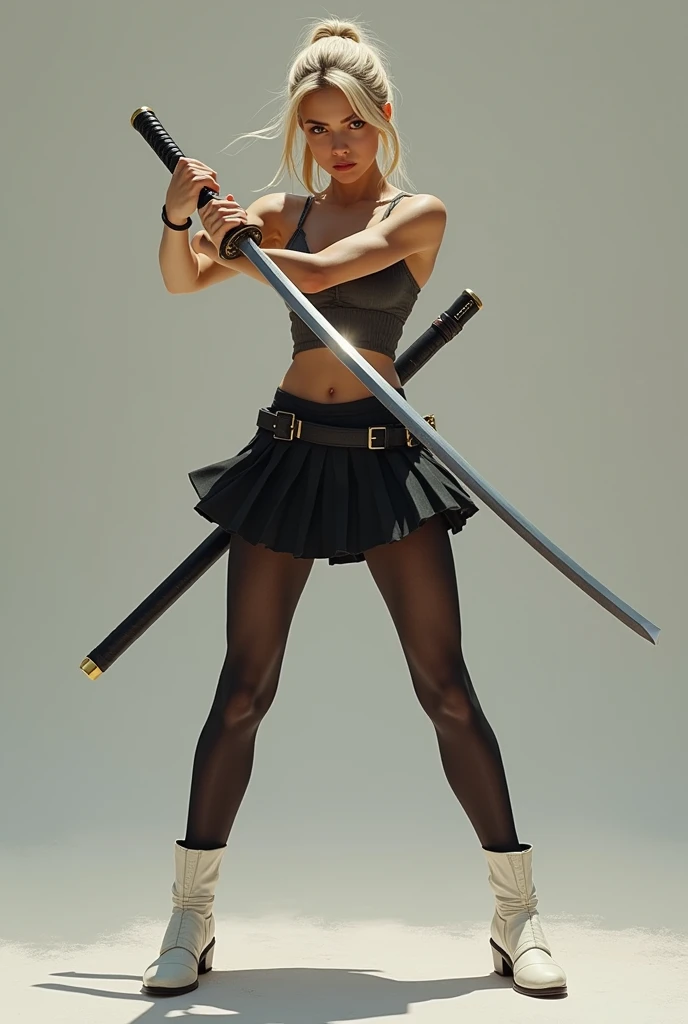 masterpiece, best quality, 1girl, blonde_hair, ultra detailed face, long eyelashes, red_eyes, boots, breasts, clenched hand, clenched hands, crop top, full body, gloves, knee boots, ultra long ponytail hair, ultra detailed dark wings, medium breasts, Blue skirt, midriff, navel, long fringe hair, solo, standing, thighhighs, turtleneck, black leotard, ninja, (holding a long samurai sword, long perfect katana, glowing sword), burning japanese village backdrop, danger atmosphere, grim, stance, full body with costume