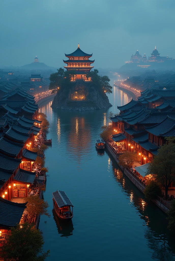 busy Asian shops japanese chinese style with a winding river canal like venice curved in s shape, in the middle focal point big rounded pagoda in an island surrounded by the river epic scale, background is castle, night time,boats selling things, aerial shot