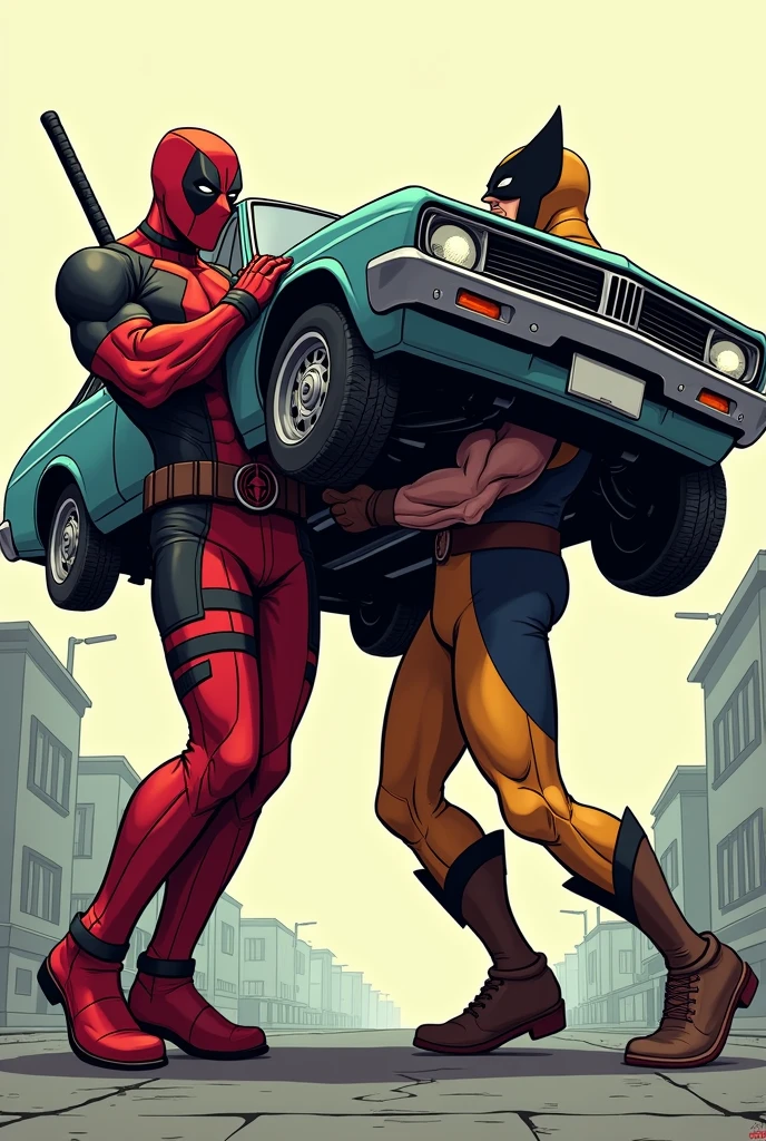 Deadpool and wolverine loading a car into their lap