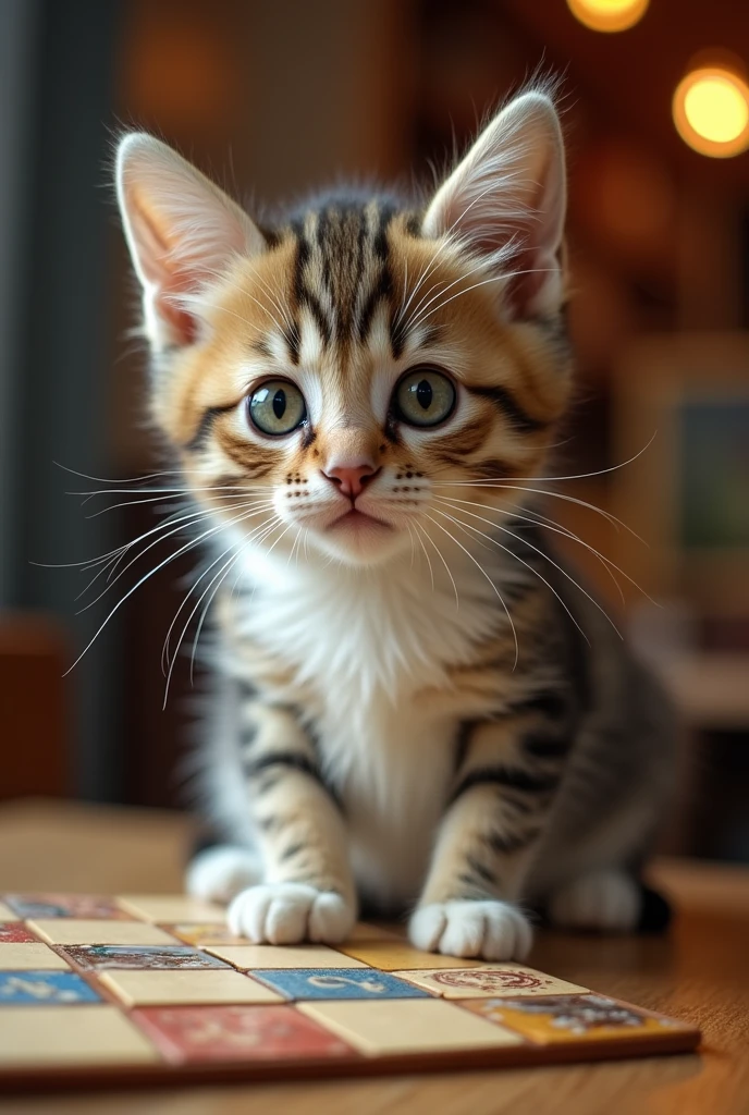 A cute cat and there are a board where is right and 'Quiz world'