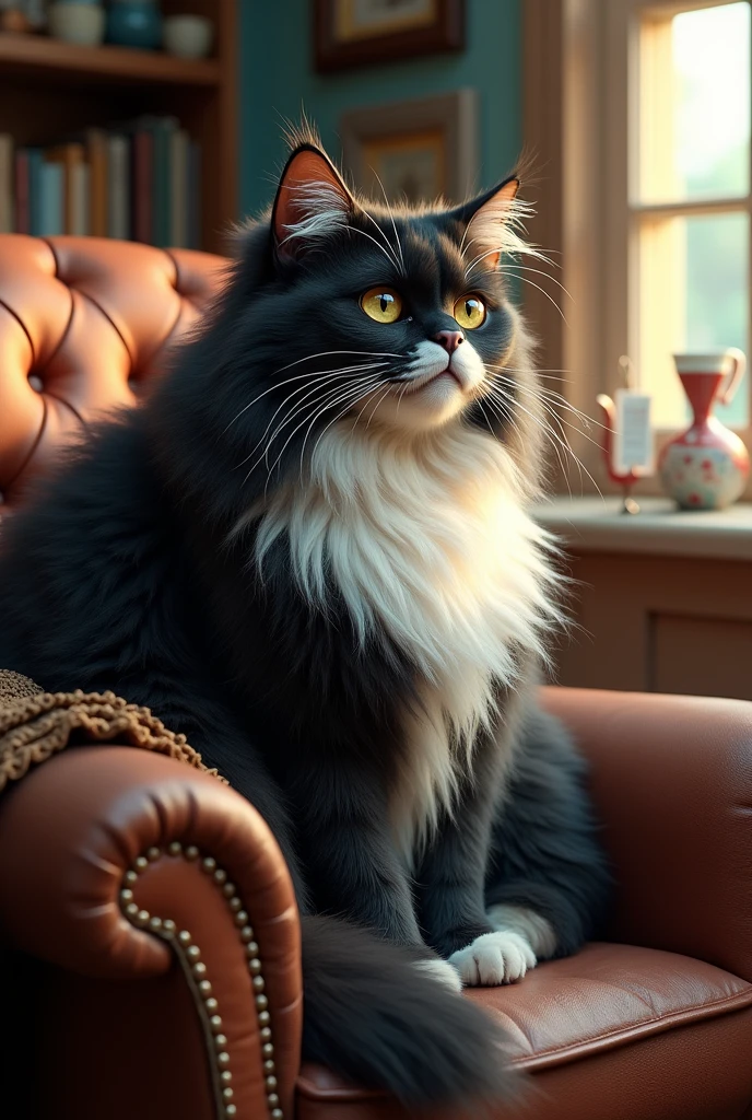 A fat, long-haired, black-and-white old cat with a lot of life experience