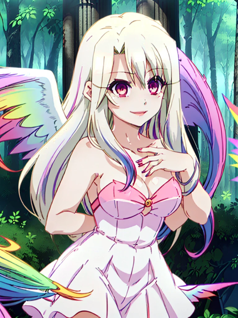 great quality ++ Extremely detailed high resolutionolution, very aesthetic, expressive eyes, (((perfect face))), (((face symmetrical))), ((good anatomy)), (((perfect hands))), (((8k))), UHD, HD wallpaper, (((detailed high cal, (((((1girl)))))), only, masterpiece, The best quality, high resolution, Highly detailed, (illustration), beautiful detailed eyes, (((combatant))), (((1girl))), ((((fulll body)))), (((((((Illyasviel von Einzbern)))))), (((((princess celestia)))), ((((human form)))), (((((smile))))), ((humanized princess celestia)), Celestia, Celestia de My Little Poni, Celestia in form, long wavy hair, (((red eyes))), (((strapless tube dress))), (((white dress))), (((white pony ears))), (((((wings))))), (((Detailed fingers))), Precise fingers, Not unnatural hands, strange eye, Greek columns, exterior, beautiful majestic forest, vine leaves surrounding the columns, flower bushes everywhere, clear sky, bright sunny day, ((((Multicolored Hair))), heavenly forest,