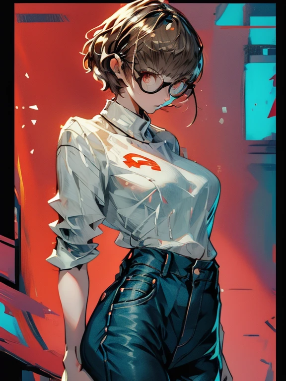 ((chibi)), big head, focus face, in the art style of persona5, (masterpiece:1.2, highest quality), (Realistic, photoRealistic:1.4), Beautiful illustrations, (Natural Side Lighting, Cinema Lighting), Written boundary depth, Beautiful thighs staring at the viewer, 1 female, 20-year-old, alone, thin, slender, (????????????), short Hair, straight Hair, Forehead, Forehead, Forehead, Forehead, thin, slender, glasses, ((white shirt, Distressed denim pants, low rise baggy pants)), Are standing, (((glasses))), ((Close-up)), ((Close-up)), ((Close-up))