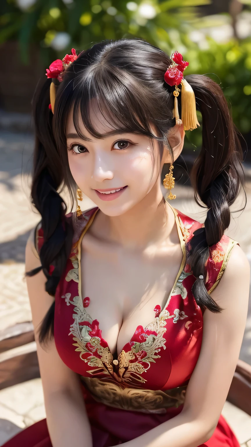 (masterpiece:1.2, Highest quality), Very detailed, (Realistic, photoRealistic:1.4), Beautiful illustrations, (Natural Side Lighting, Cinema Lighting), Very sensual、Written boundary depth, Beautiful shiny bangs, Beautiful Face, A refreshing and bright smile、Beautiful attention to detail, Beautiful clavicle, Beautiful body, Beautiful breasts, Beautiful thighs, Beautiful legs, Beautiful fingers, Perfect Style, ((The whole body glistens with sweat:1.2))、View your audience, Very beautiful 17 year old girl, Perfect Face, Cute and symmetrical face, (Twin tails, Black Hair、Red ruffled hair ornament), Purple eyes, (Large Breasts, ), Glowing Skin, Accentuate your cleavage, ((Red Chinese Dress、Beautiful and intricate gold embroidery:1.2)), at the park, (Sexy pose), (Cute Smile, Upward glance),