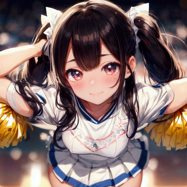 cheerleader,little smile,cheer leading,cheerleader uniform, (((masterpiece))), (((best quality))), ((ultra-detailed)), (illustration), ((an extremely delicate and beautiful)),(bokeh,blurry background),(best shadow), 1girl,white panties, black hair, long hair, kawaii,cute,, shine Highlight Spot on eyes, character focus,head tilt,