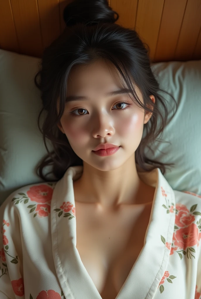 A very cute face like an idol、like々A 20-year-old woman with a cute face、Gentle and cute、(((Japanese Yukata)))、(night)、(((Japanese-style room futon in a Japanese inn)))、(((Lying down and fast asleep)))、((Cleavage、I can see your thighs))、((Full body portrait))、RAW Photos、Genuine、High resolution