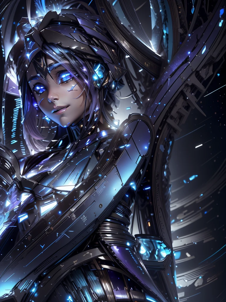 Keep this image as is,The color changes from starry sky to blue and purple,Some starry blue and starry purple(Ensure its layering and armor texture,Starry sky color as main color)