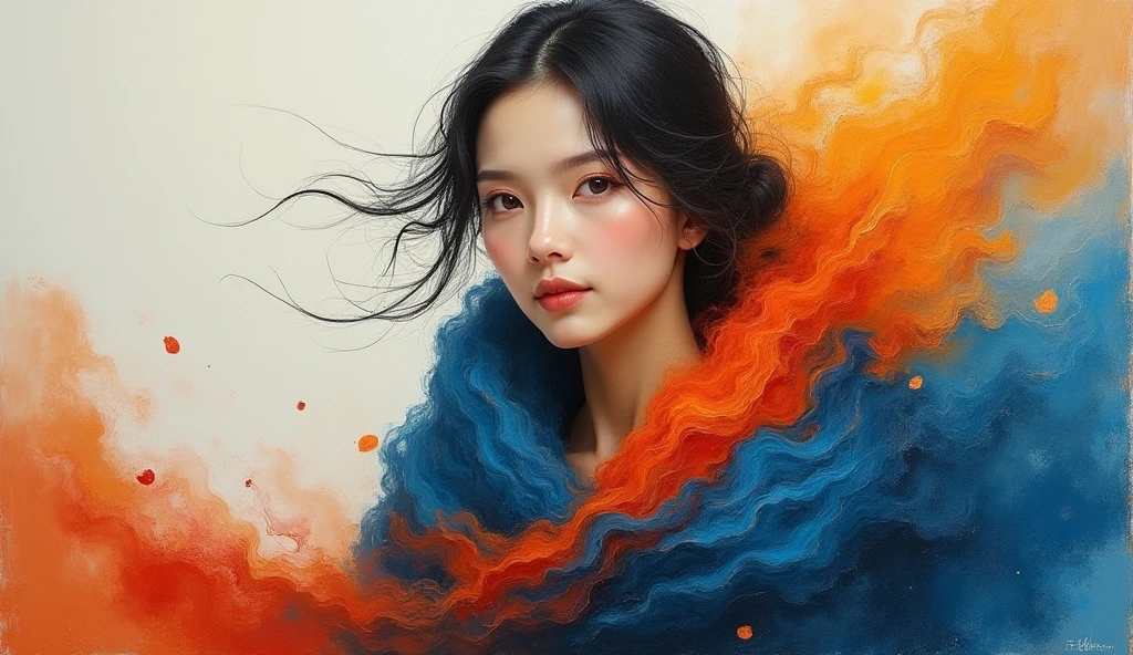 A captivating minimalist painting focuses on a woman of unparalleled elegance and grace. Clad in a vibrant, textured shawl that transitions from deep blues to fiery oranges, she captivates the viewer with her serene expression and striking features. Her high cheekbones, almond-shaped eyes, and gentle smile draw attention to her enchanting persona. The seamless blend of realistic detail in her portrait and the abstract, swirling patterns of her shawl create a harmonious balance, resulting in a visually mesmerizing and emotionally stirring masterpiece., painting