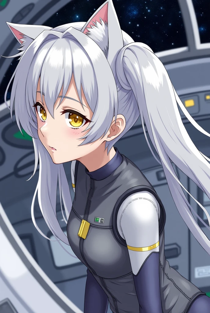 masterpiece, Highest quality, One girl, Inside the spaceship, Spacesuit, Upper Body, From the side, sf, Yellow Eyes, Twin tails, Silver Hair, Cat ear, View your viewers,