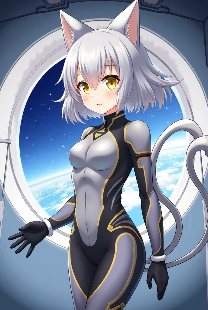 masterpiece, Highest quality, One girl, Inside the spaceship, Spacesuit, Upper Body, From the side, sf, Yellow Eyes, Twin tails, Silver Hair, Cat ear, View your viewers,