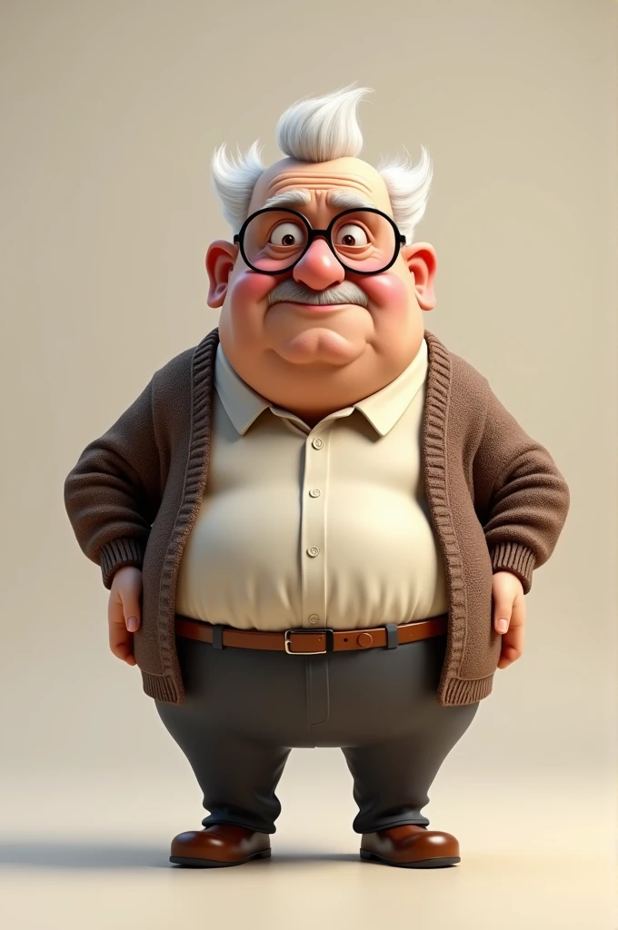 Make 3d cartoon An old man a little fatty in a plain shirt and brown sweater use eye glasses with a very upsetting face 